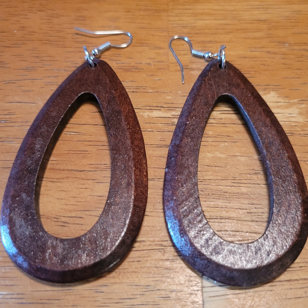 Elegant Large Brown Wooden Teardrop Earrings